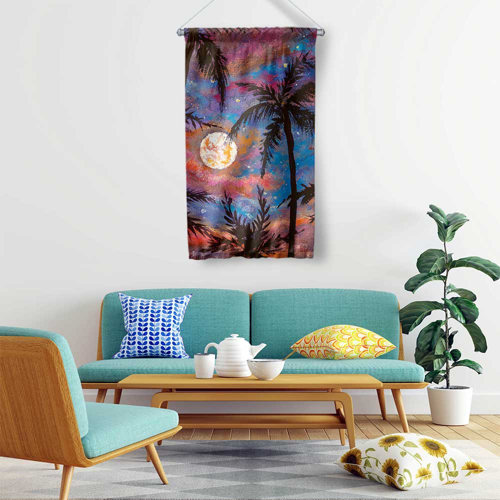 Ay Işığında Palmiye Manzaralı Duvar Flaması 4444