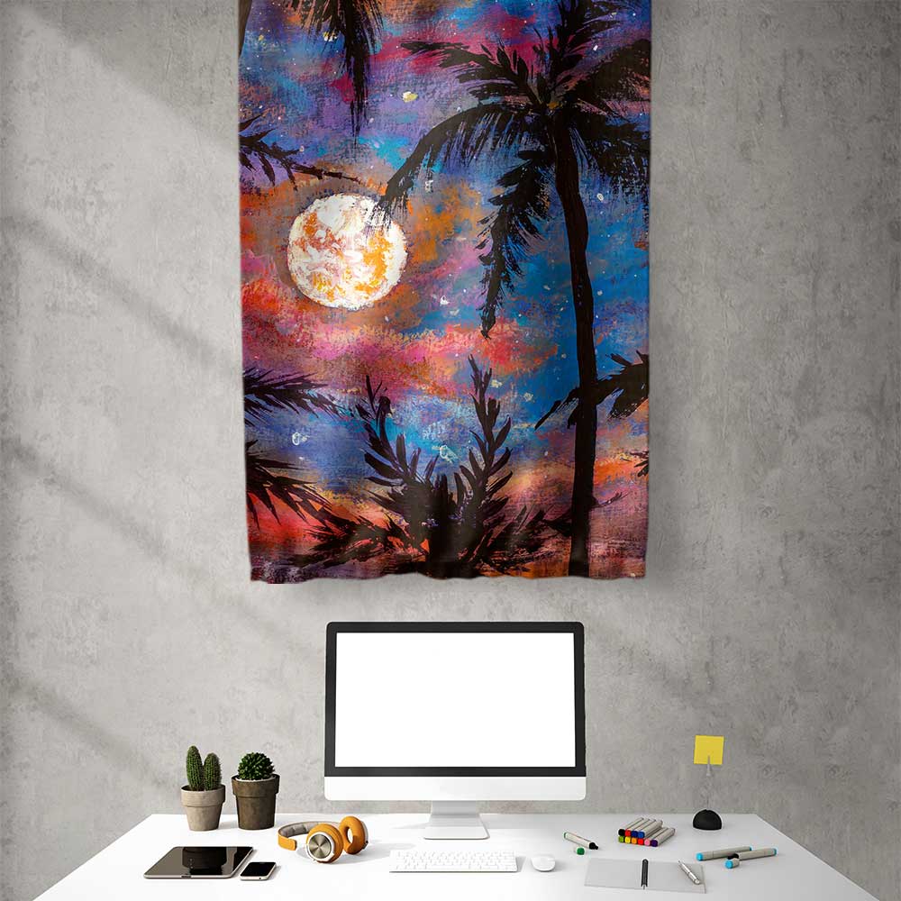 Ay Işığında Palmiye Manzaralı Duvar Flaması 4444
