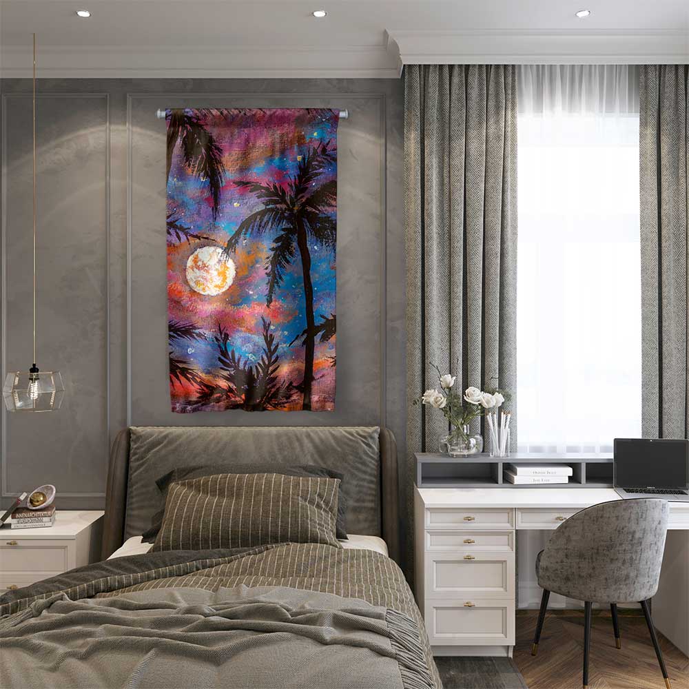 Ay Işığında Palmiye Manzaralı Duvar Flaması 4444