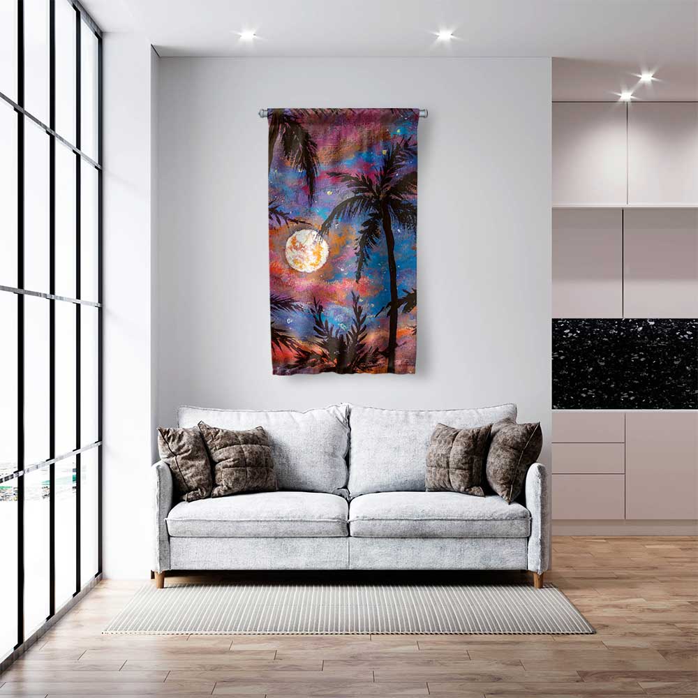 Ay Işığında Palmiye Manzaralı Duvar Flaması 4444