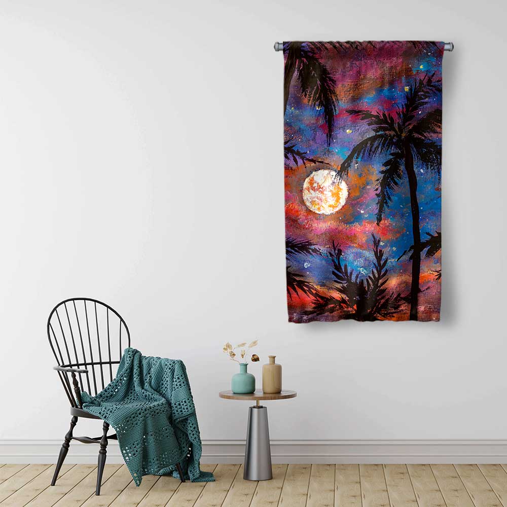Ay Işığında Palmiye Manzaralı Duvar Flaması 4444