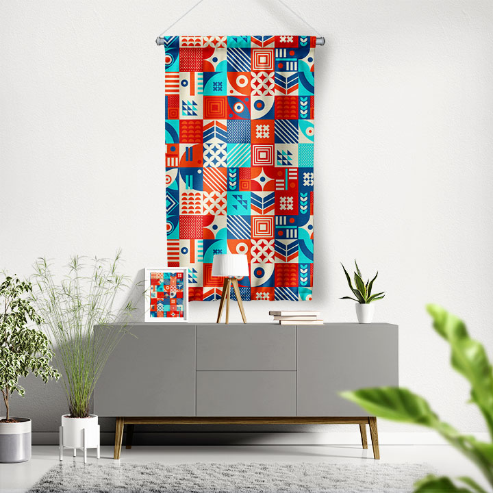 Renkli Modüler Geometrik Desen Sanatı Duvar Flaması 4203