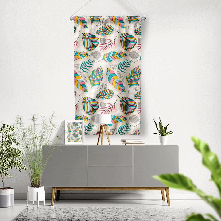 Renkli Yaprak Desenli Modern Botanik Duvar Flaması Kumaş Baskı 4301