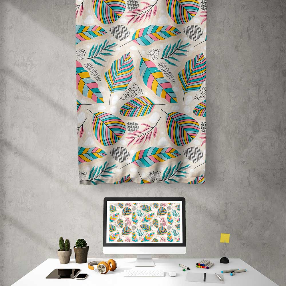 Renkli Yaprak Desenli Modern Botanik Duvar Flaması Kumaş Baskı 4301