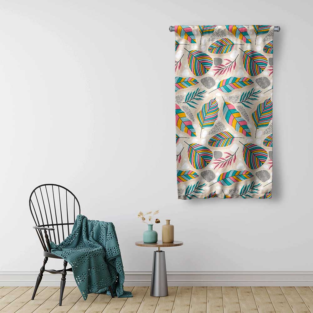 Renkli Yaprak Desenli Modern Botanik Duvar Flaması Kumaş Baskı 4301