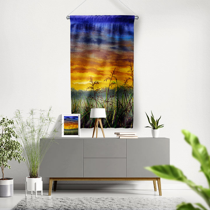 Gün Batımı Çayır Silüeti Doğa Duvar Flaması 4453