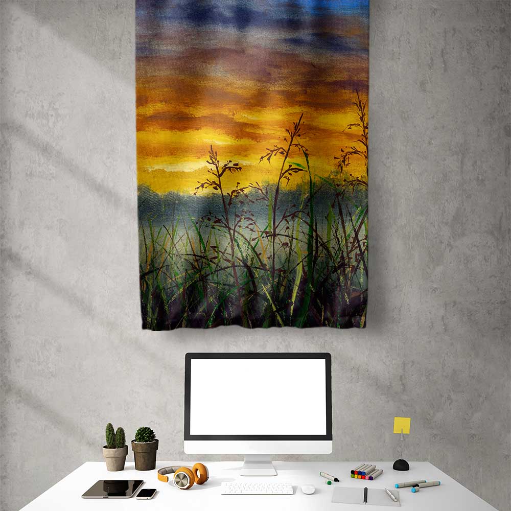 Gün Batımı Çayır Silüeti Doğa Duvar Flaması 4453