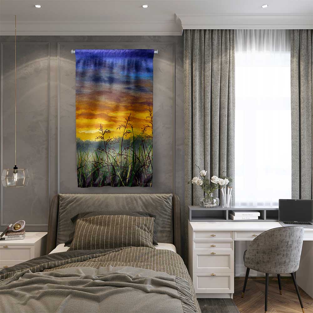 Gün Batımı Çayır Silüeti Doğa Duvar Flaması 4453