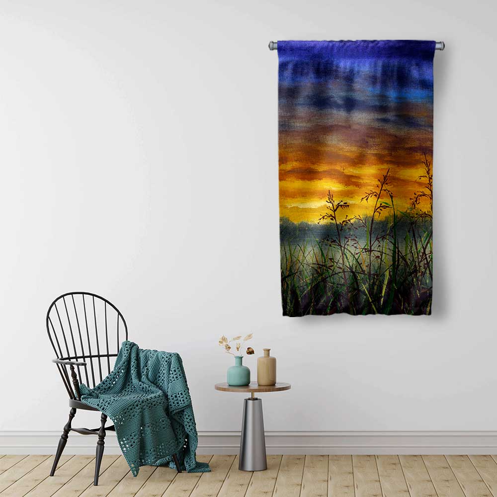 Gün Batımı Çayır Silüeti Doğa Duvar Flaması 4453