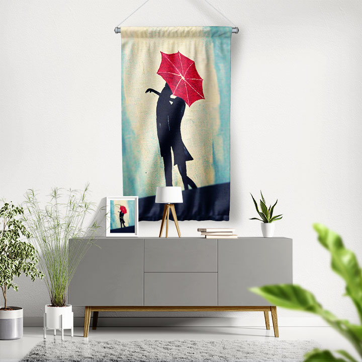 Kırmızı Şemsiyeli Romantik Silüet Duvar Flaması 4545