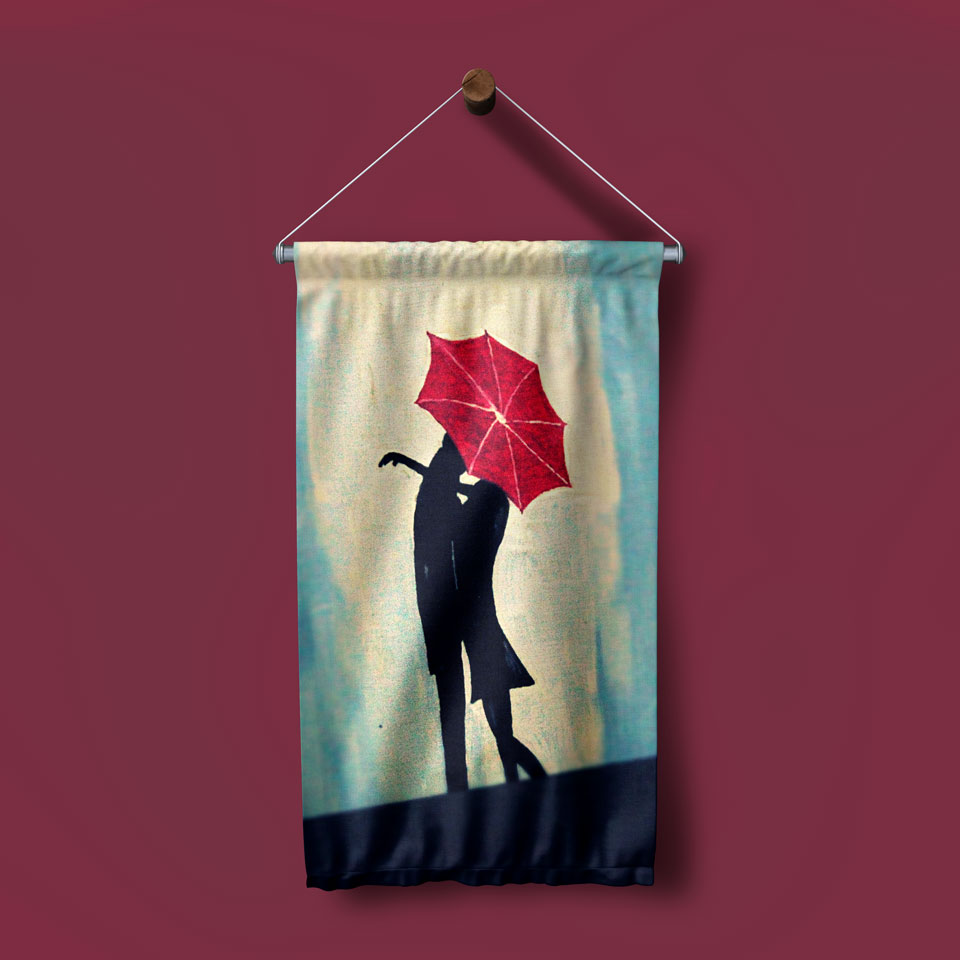 Kırmızı Şemsiyeli Romantik Silüet Duvar Flaması 4545