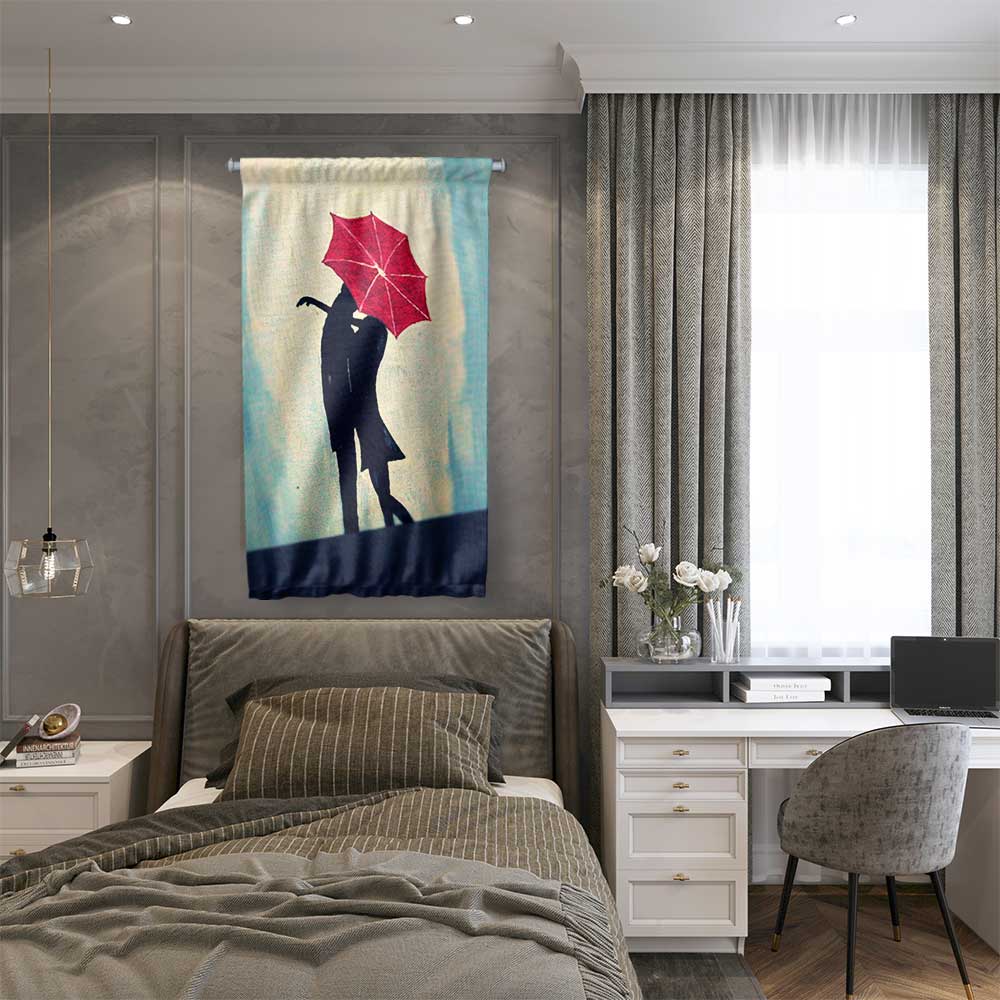 Kırmızı Şemsiyeli Romantik Silüet Duvar Flaması 4545