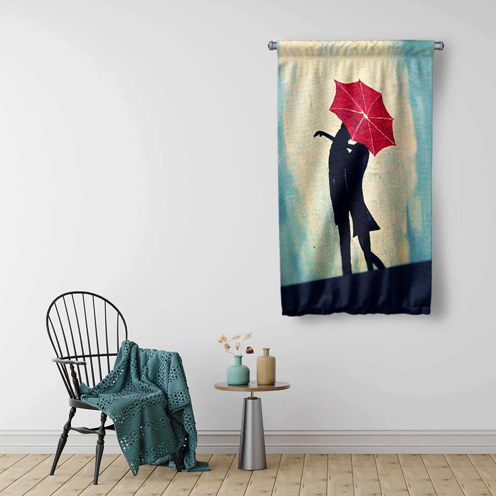 Kırmızı Şemsiyeli Romantik Silüet Duvar Flaması 4545