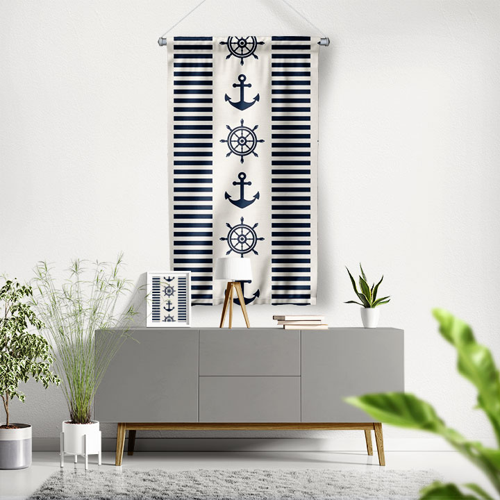 Çapa ve Dümen Desenli Marin Temalı Duvar Flaması 4655