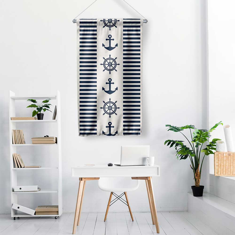 Çapa ve Dümen Desenli Marin Temalı Duvar Flaması 4655