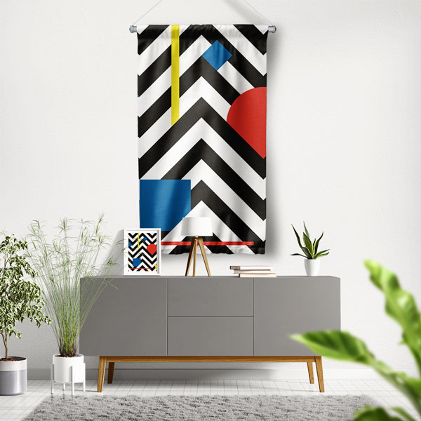 Modern Siyah Beyaz Çizgili ve Renkli Geometrik Duvar Flaması 5624