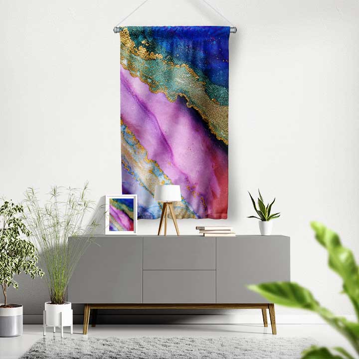 Mor ve Mavi Mermer Dokulu Soyut Sanat Duvar Flaması 4205