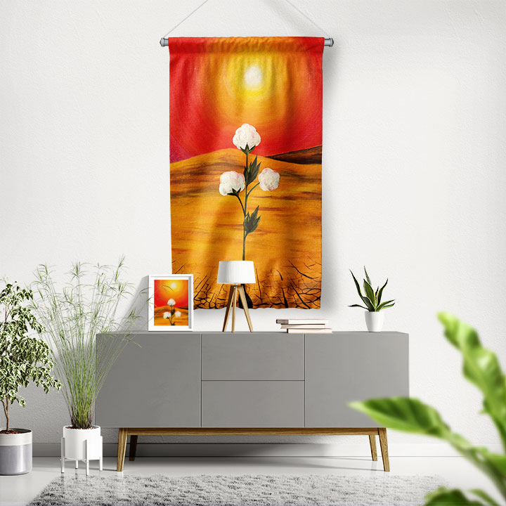Kızıl Gün Batımında Beyaz Çiçek Desenli Sanatsal Duvar Flaması Kumaş Baskı 4297