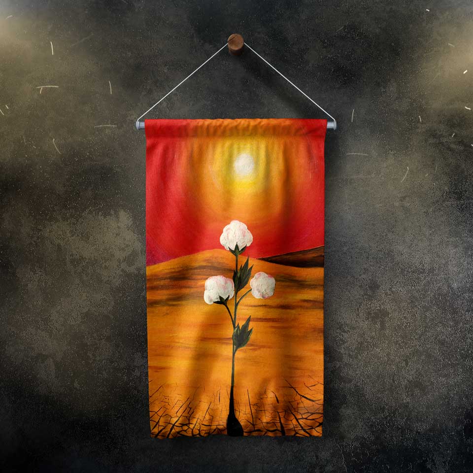 Kızıl Gün Batımında Beyaz Çiçek Desenli Sanatsal Duvar Flaması Kumaş Baskı 4297