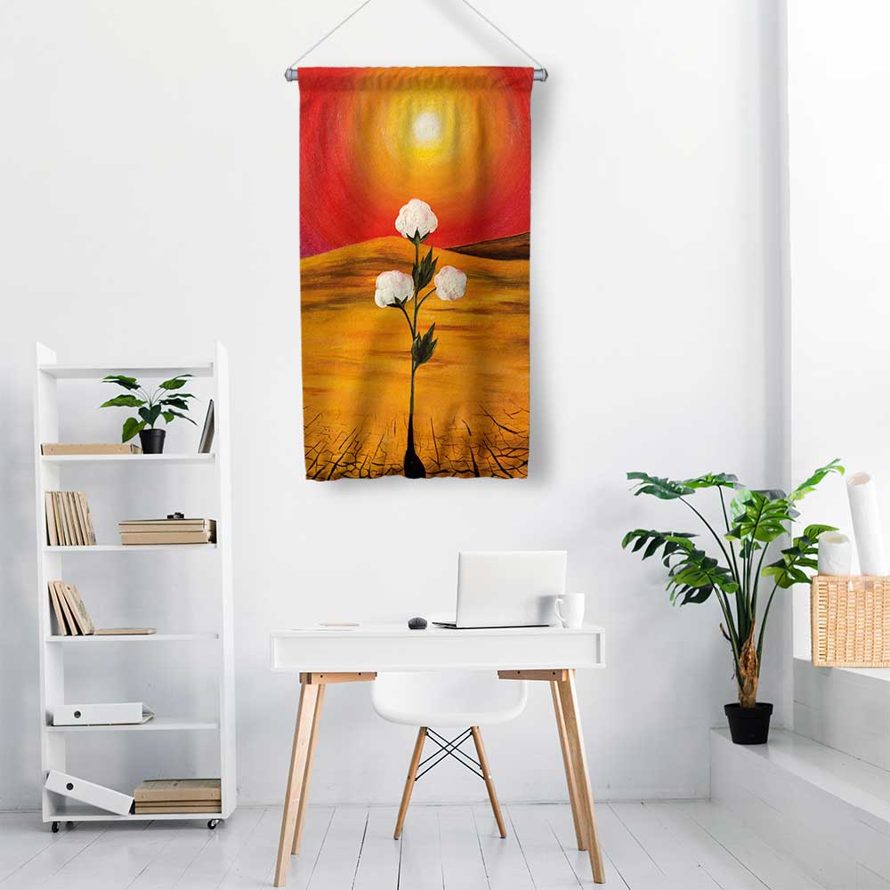 Kızıl Gün Batımında Beyaz Çiçek Desenli Sanatsal Duvar Flaması Kumaş Baskı 4297