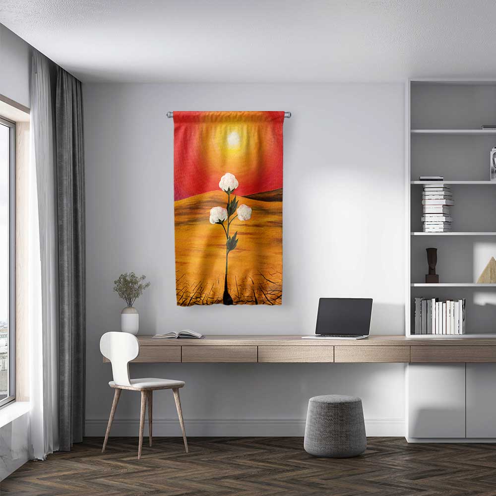 Kızıl Gün Batımında Beyaz Çiçek Desenli Sanatsal Duvar Flaması Kumaş Baskı 4297