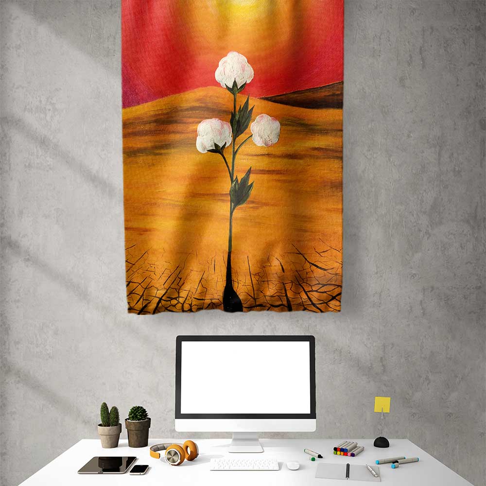 Kızıl Gün Batımında Beyaz Çiçek Desenli Sanatsal Duvar Flaması Kumaş Baskı 4297