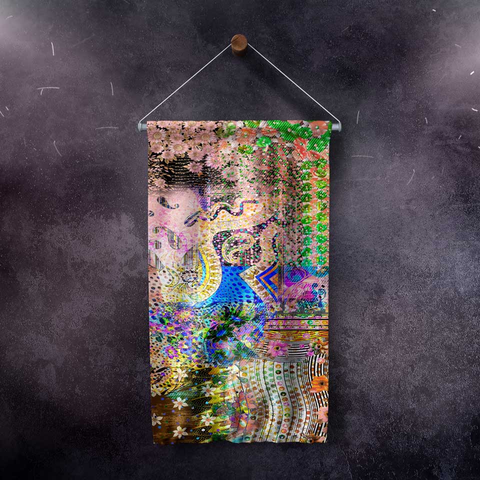 Soyut Etnik Desenli Sanatsal Duvar Flaması Kumaş Baskı 4298