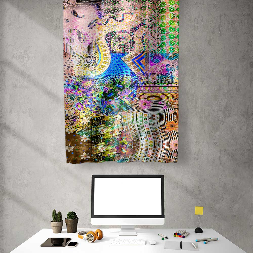 Soyut Etnik Desenli Sanatsal Duvar Flaması Kumaş Baskı 4298