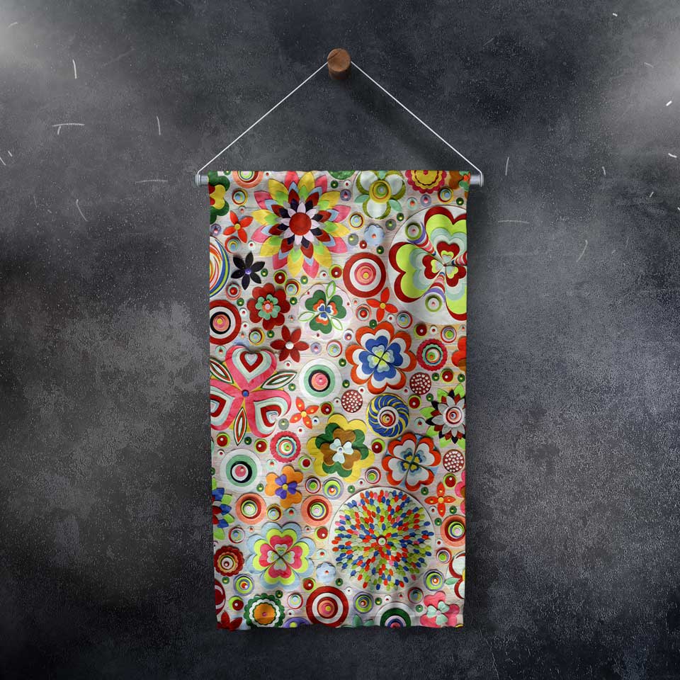 Renkli Çiçek ve Mandala Desenli Sanatsal Duvar Flaması Kumaş Baskı 4300