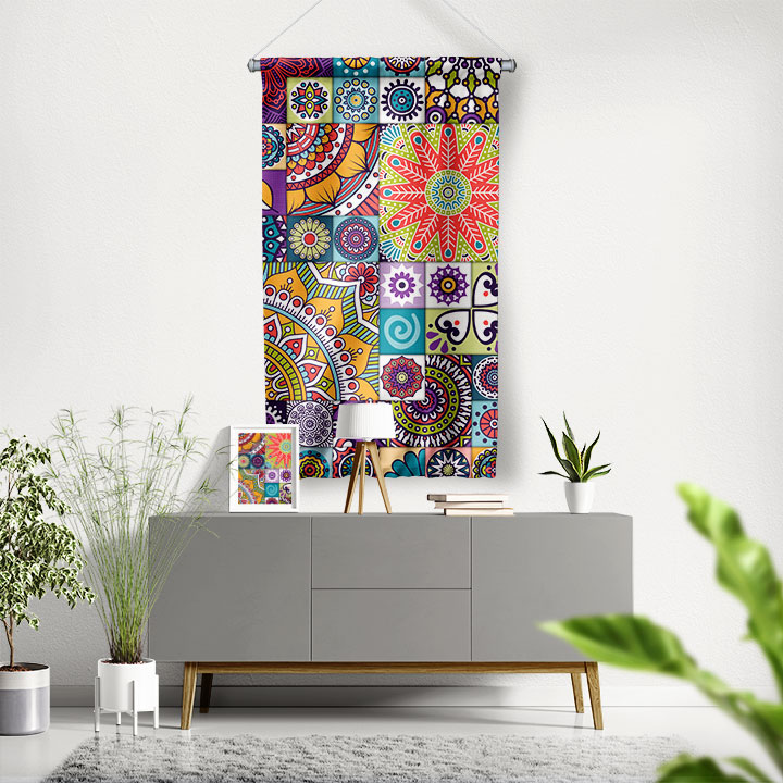 Renkli Mandala Patchwork Desenli Sanatsal Duvar Flaması Kumaş Baskı 4303