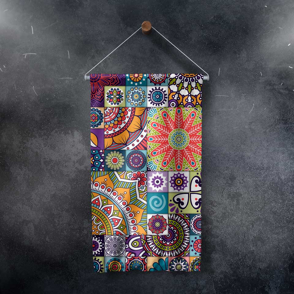 Renkli Mandala Patchwork Desenli Sanatsal Duvar Flaması Kumaş Baskı 4303