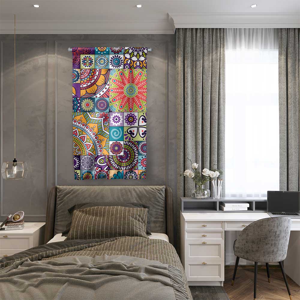 Renkli Mandala Patchwork Desenli Sanatsal Duvar Flaması Kumaş Baskı 4303