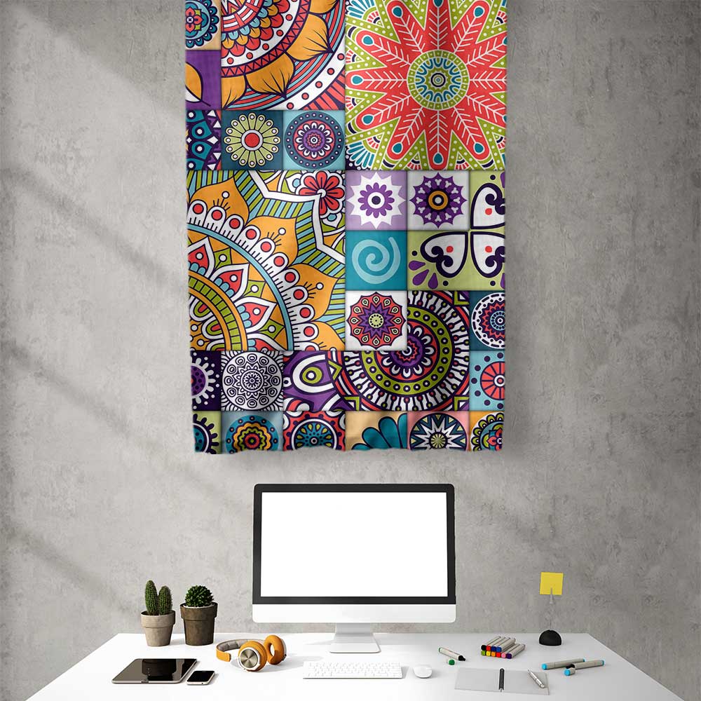 Renkli Mandala Patchwork Desenli Sanatsal Duvar Flaması Kumaş Baskı 4303