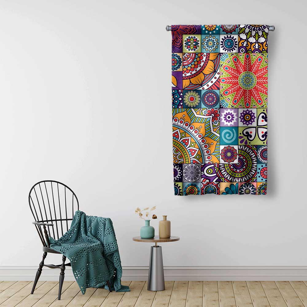 Renkli Mandala Patchwork Desenli Sanatsal Duvar Flaması Kumaş Baskı 4303