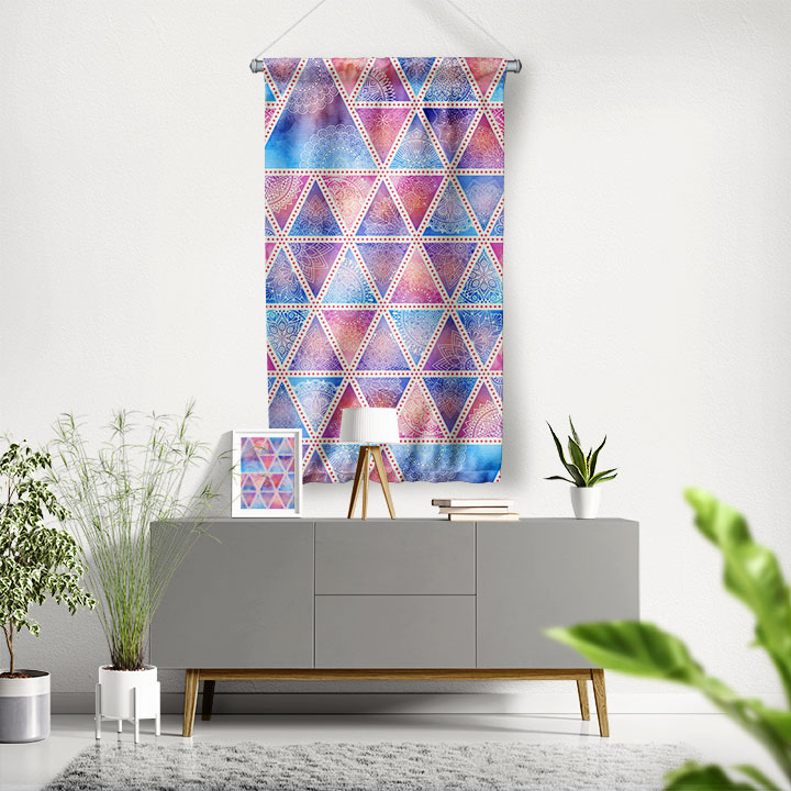 Geometrik Üçgen Mandala Desenli Modern Duvar Flaması Kumaş Baskı 4304