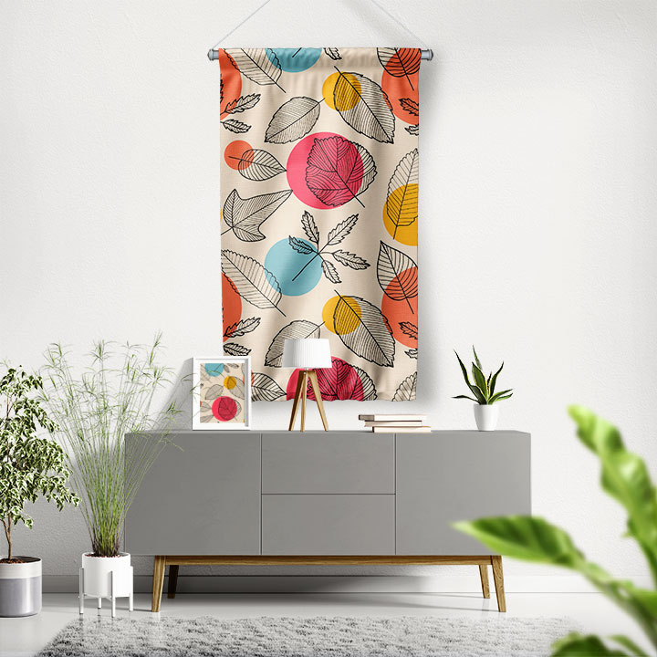 Renkli Yaprak ve Daire Desenli Modern Botanik Duvar Flaması Kumaş Baskı 4305