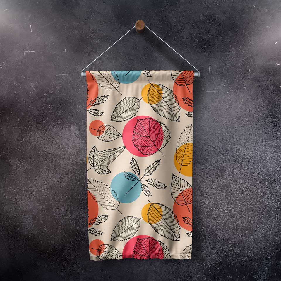 Renkli Yaprak ve Daire Desenli Modern Botanik Duvar Flaması Kumaş Baskı 4305