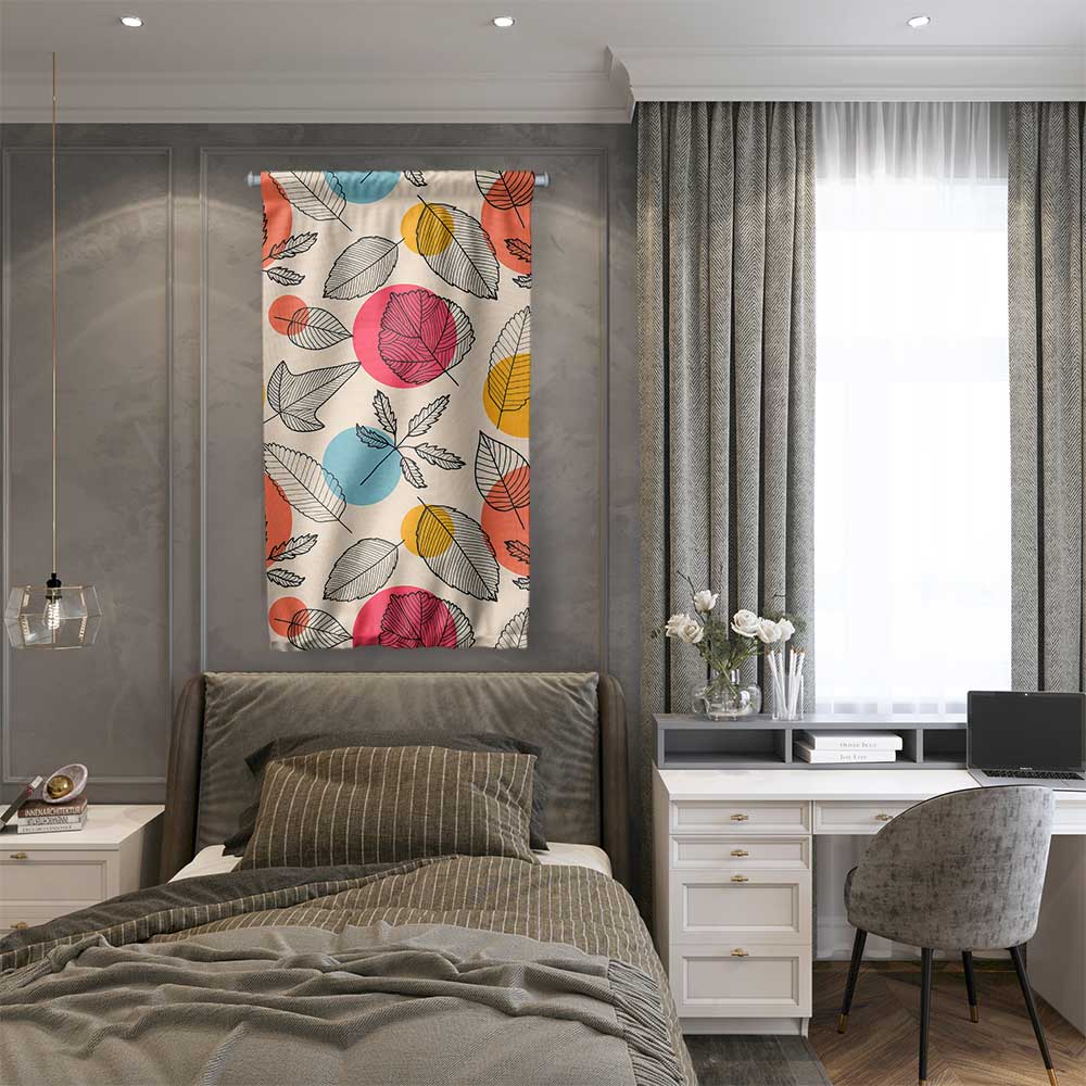 Renkli Yaprak ve Daire Desenli Modern Botanik Duvar Flaması Kumaş Baskı 4305