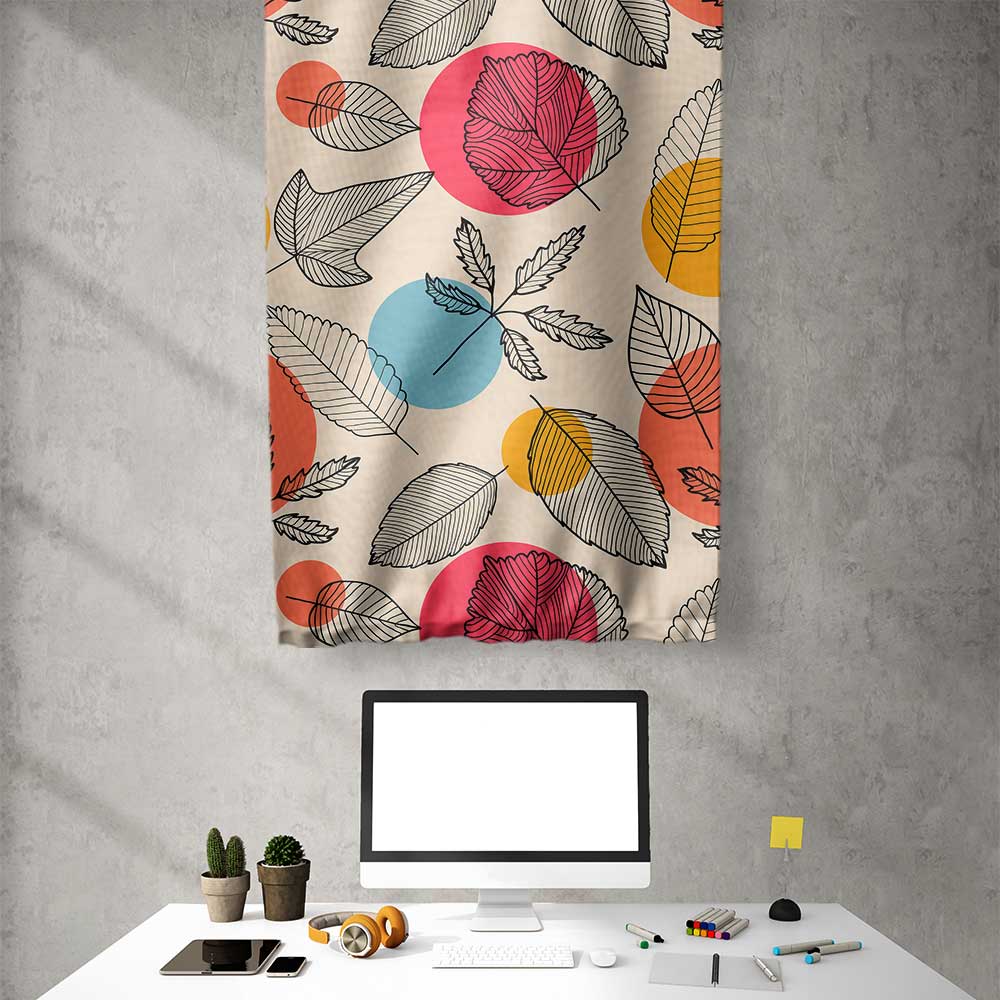 Renkli Yaprak ve Daire Desenli Modern Botanik Duvar Flaması Kumaş Baskı 4305