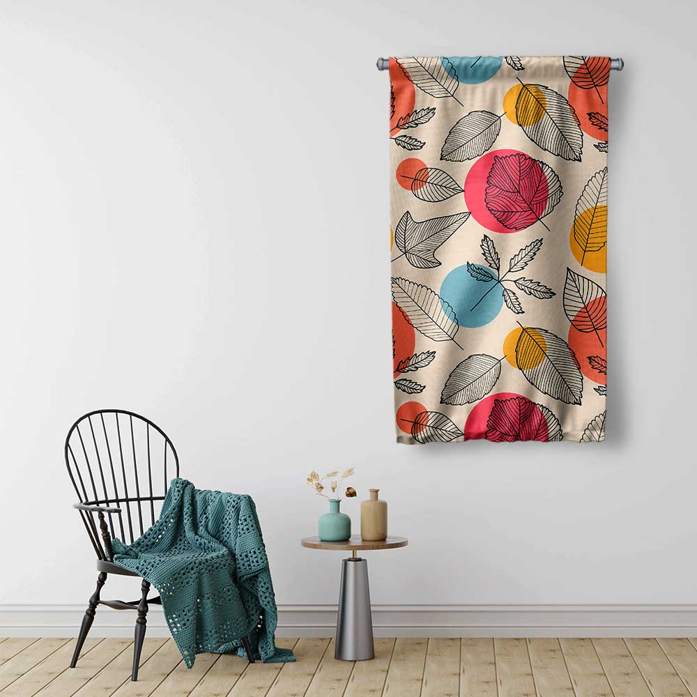 Renkli Yaprak ve Daire Desenli Modern Botanik Duvar Flaması Kumaş Baskı 4305