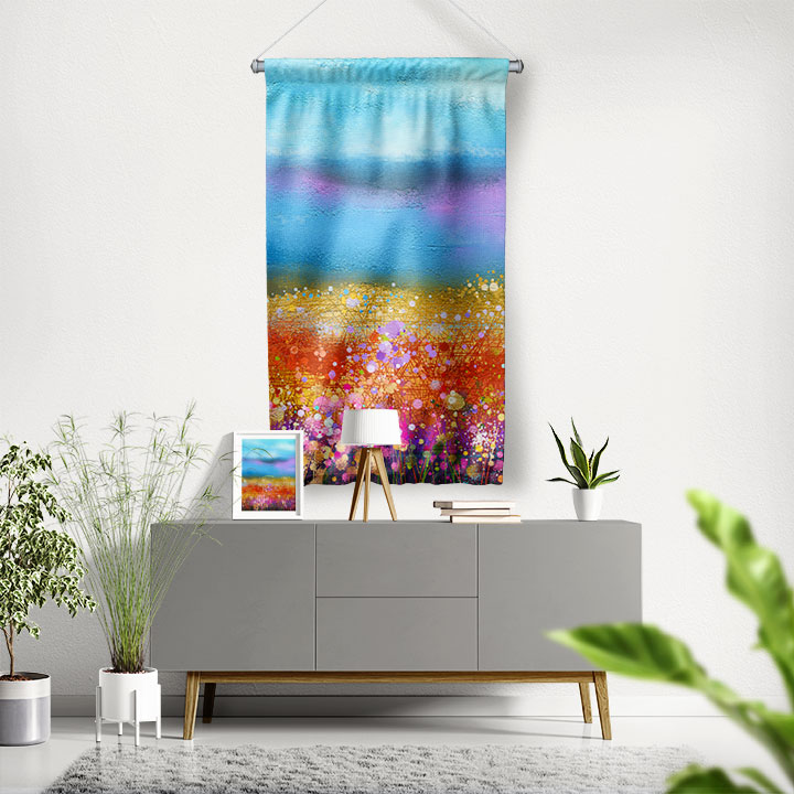 Renkli Çiçek Tarlası Soyut Manzara Duvar Flaması 4450