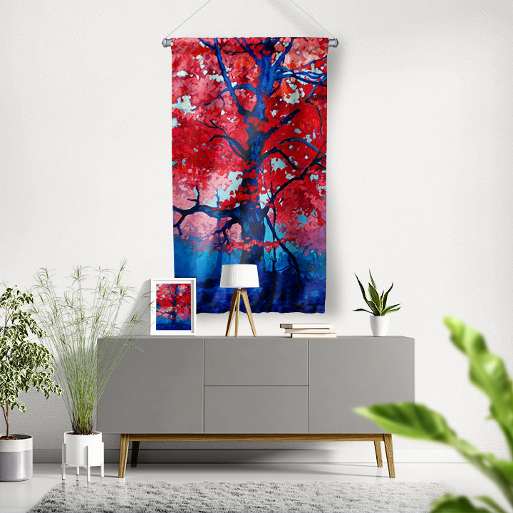 Kızıl Yapraklı Ağaç Soyut Manzara Duvar Flaması 4451