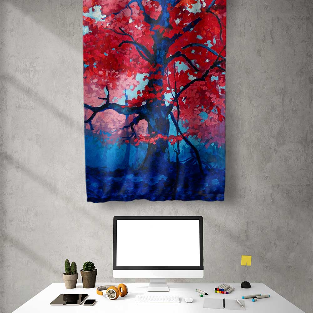 Kızıl Yapraklı Ağaç Soyut Manzara Duvar Flaması 4451