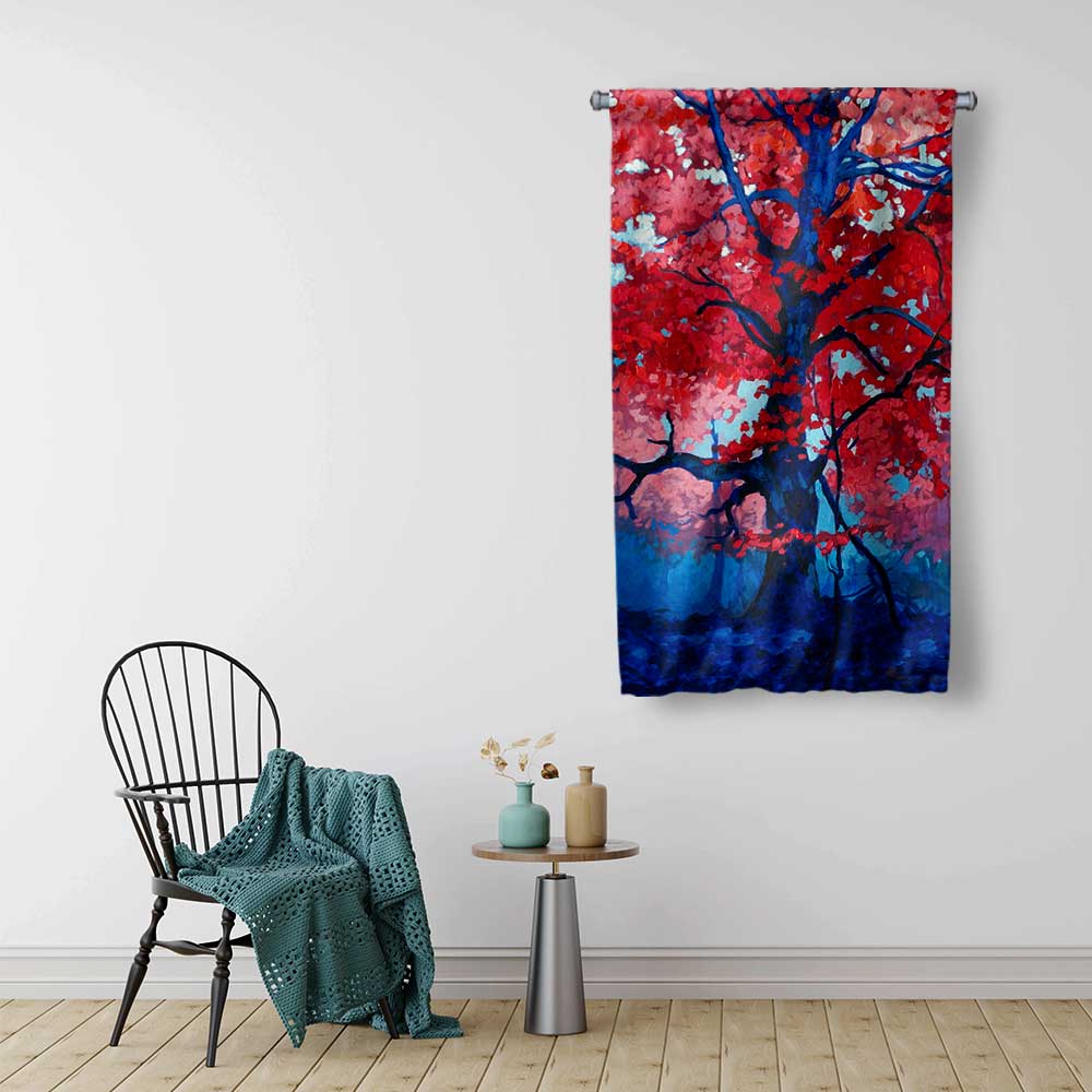 Kızıl Yapraklı Ağaç Soyut Manzara Duvar Flaması 4451