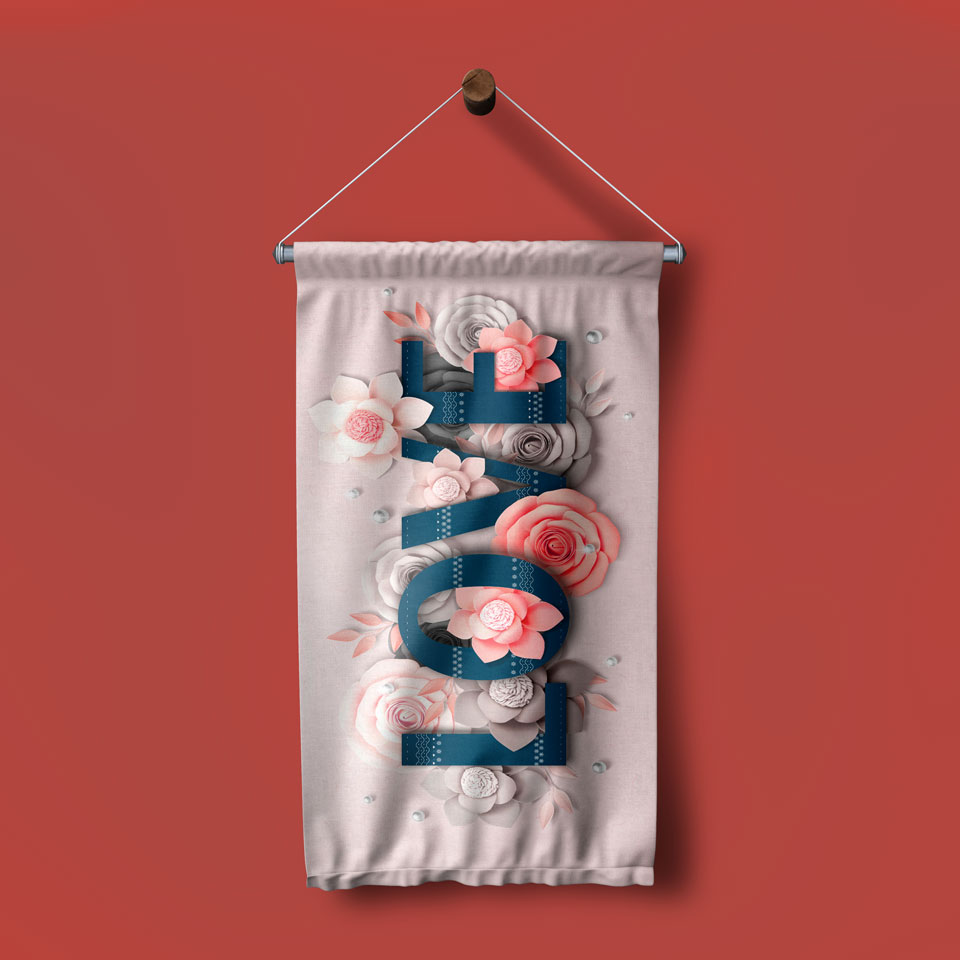 Çiçek Tasarımlı LOVE Yazılı Romantik Duvar Flaması 4547