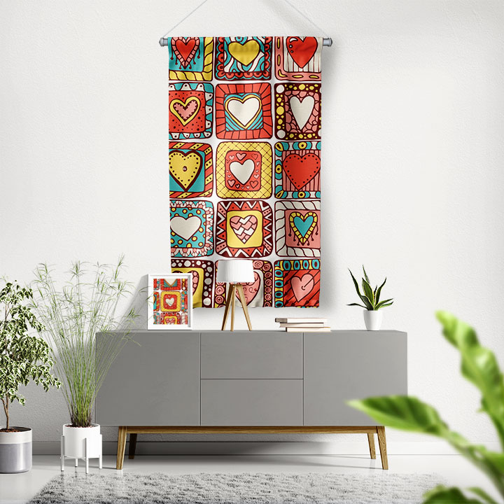 Renkli Kalp Desenli Patchwork Romantik Duvar Flaması 4549