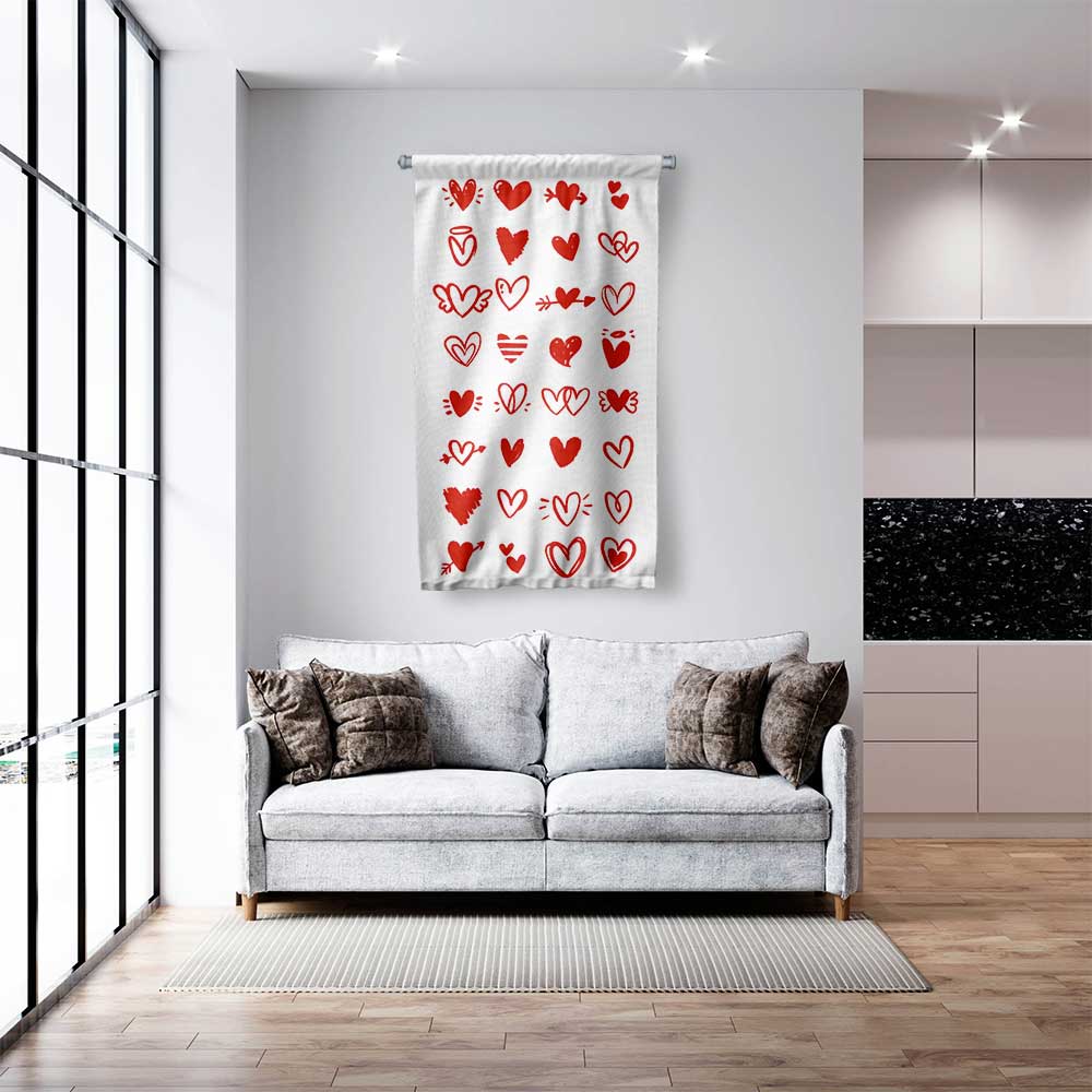 El Çizimi Kalp Desenli Romantik Duvar Flaması 4558