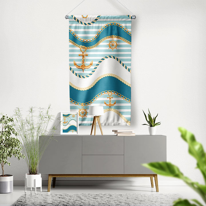 Çapa, Zincir ve Halat Desenli Marin Duvar Flaması 4658