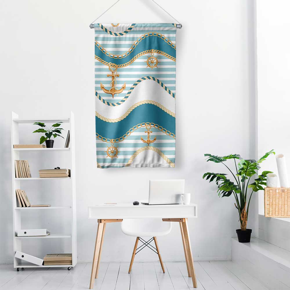 Çapa, Zincir ve Halat Desenli Marin Duvar Flaması 4658