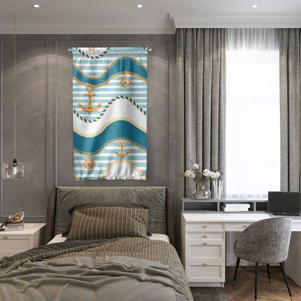 Çapa, Zincir ve Halat Desenli Marin Duvar Flaması 4658